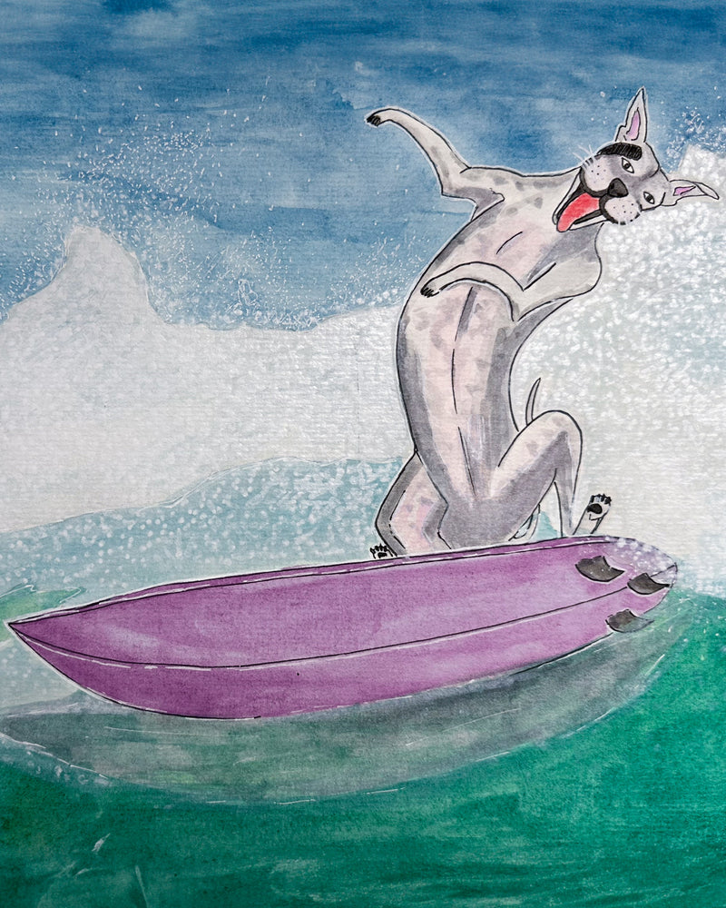 dog surfing watercolor